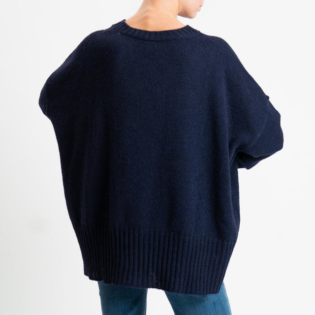 Tensione in-Maglia girocollo misto alpaca bordi a coste - blu