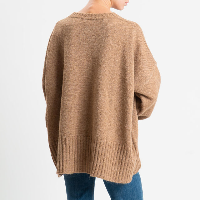 Tensione in-Maglia girocollo misto alpaca bordi a coste - camel