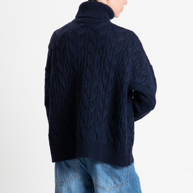 Tensione in-Maglia trecce collo alto misto alpaca - blu navy