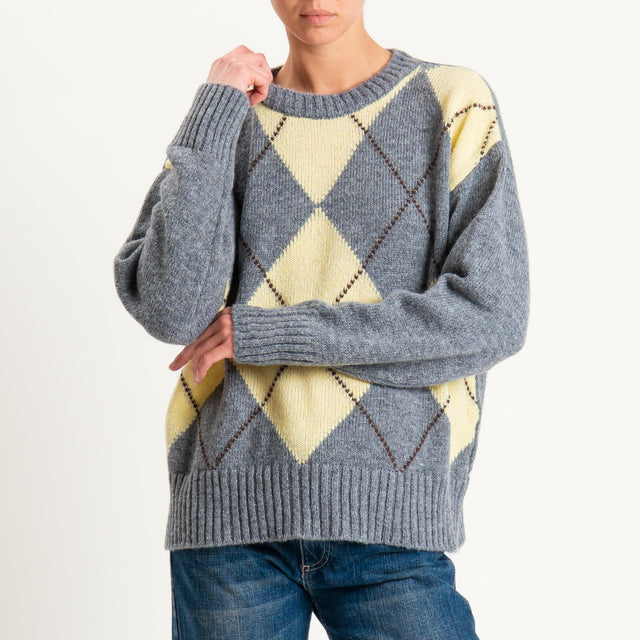 Tensione in-Maglia rombi a scatola misto lana - charcoal/giallo