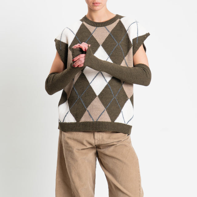 Tensione in-Maglia smanicata rombi argyle con manicotti - verde/taupe/off white