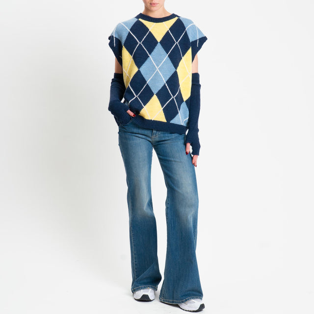 Tensione in-Maglia smanicata rombi argyle con manicotti - blu/azzurro/giallo
