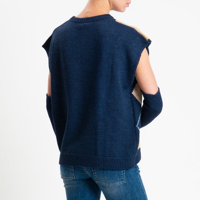 Tensione in-Maglia smanicata rombi argyle con mani - blu/camel/casha