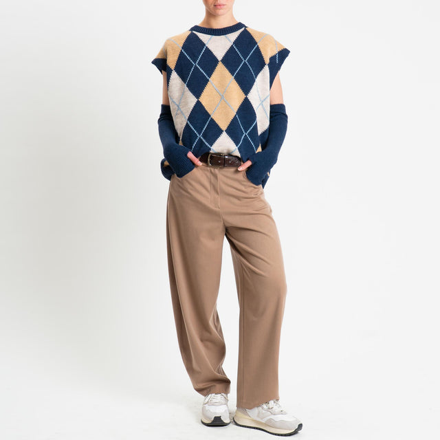 Tensione in-Maglia smanicata rombi argyle con mani - blu/camel/casha