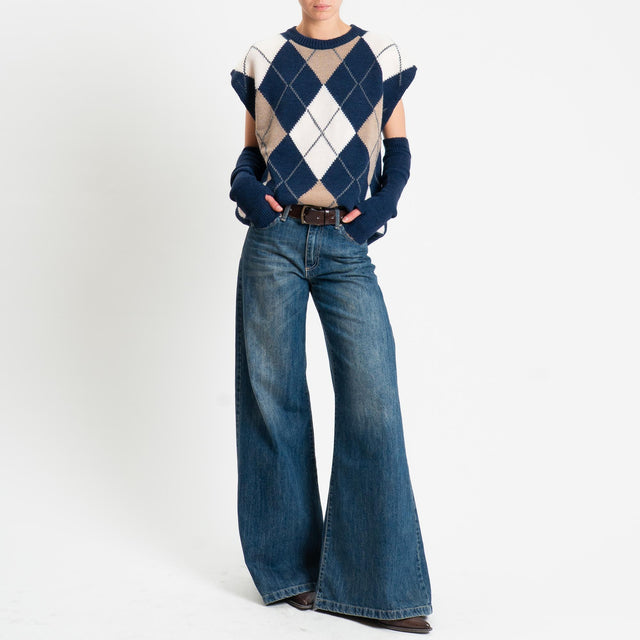 Tensione in-Maglia smanicata rombi argyle con mani - blu/taupe/off white