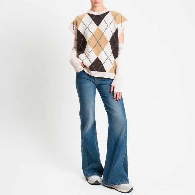 Tensione in-Maglia smanicata rombi argyle con manicotti - camel/moro/off white