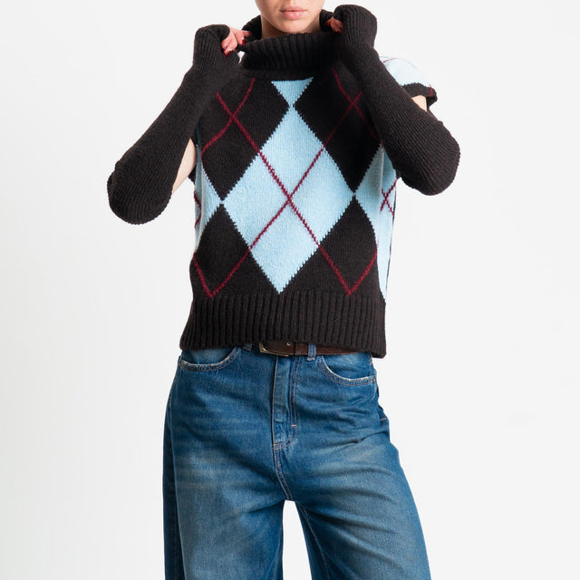 Tensione in-Maglia smanicata collo alto rombi argyle - moro/celeste/vino
