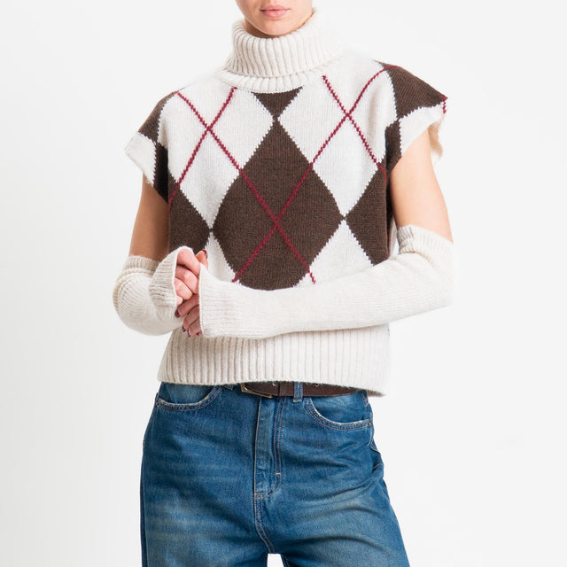 Tensione in-Maglia smanicata collo alto rombi argyle - off white/moro/vino