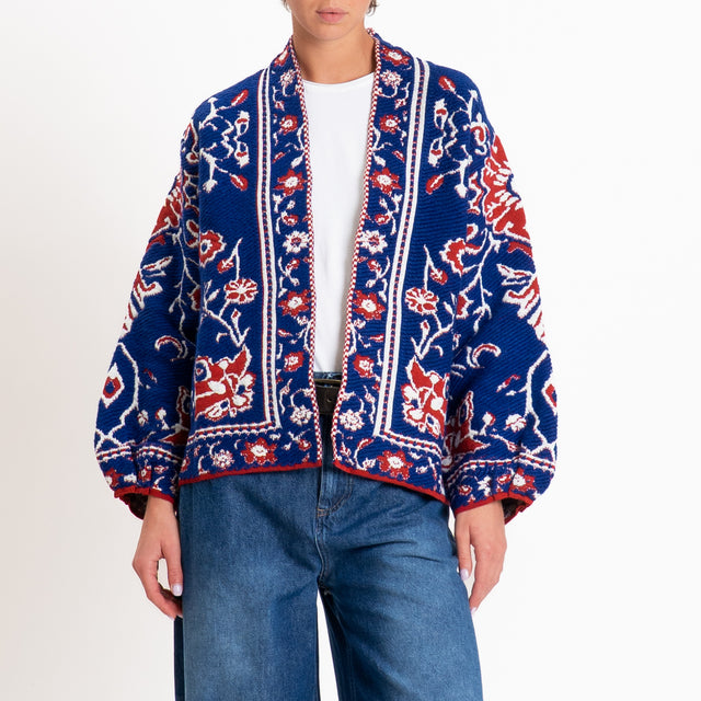 Tensione in-Cardigan misto alpaca fantasia floreal - blu/rosso/panna