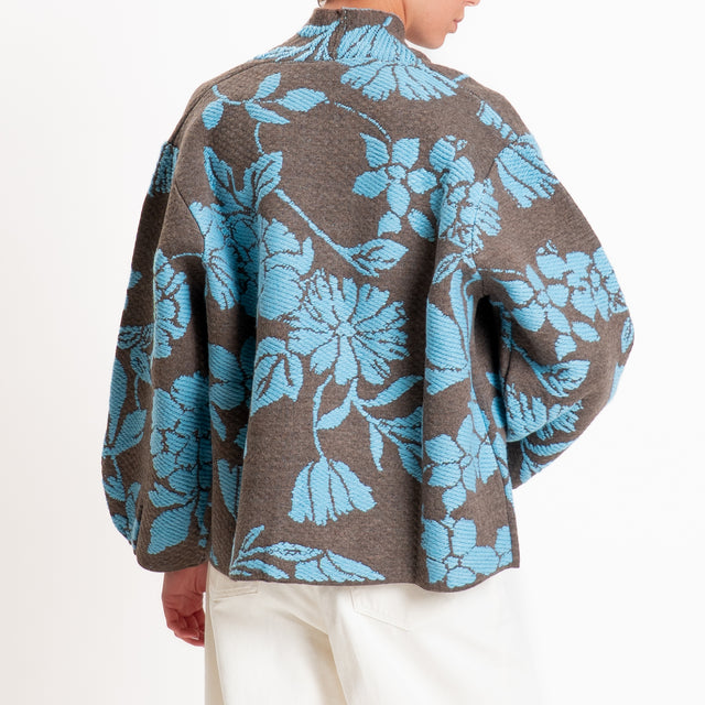 Tensione in-Cardigan fiori misto alpaca - fango/azzurro