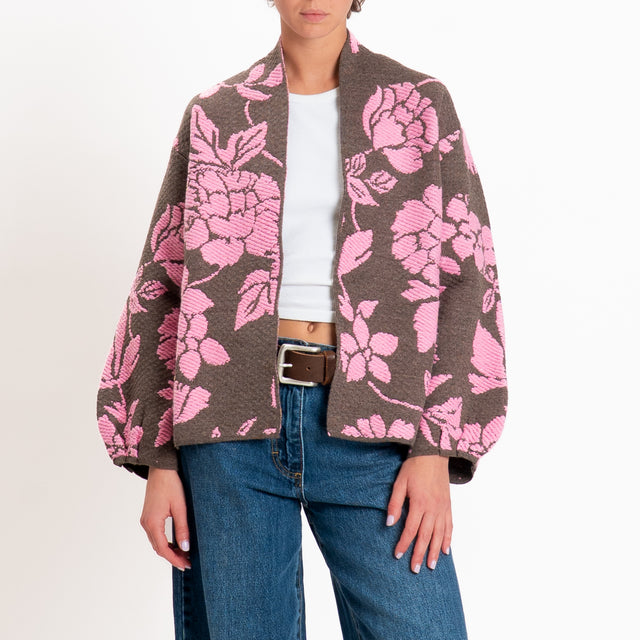 Tensione in-Cardigan fiori misto alpaca - fango/fucsia