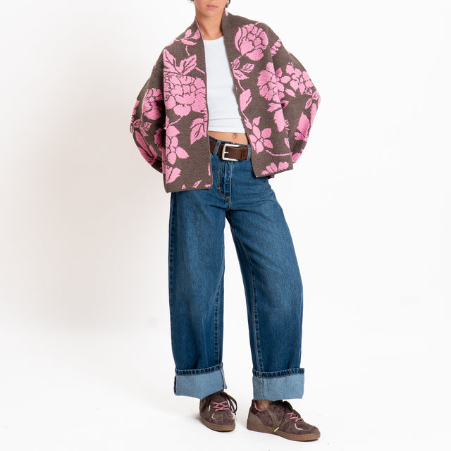 Tensione in-Cardigan fiori misto alpaca - fango/fucsia