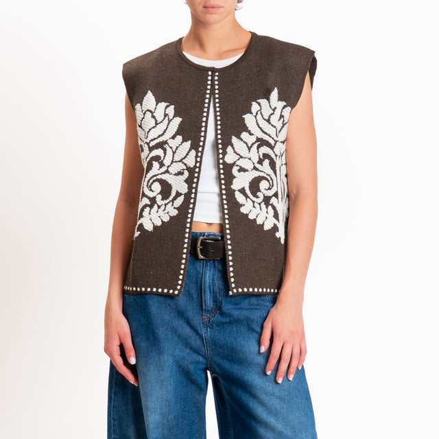 Tensione in-Gilet misto alpaca fantasia arabesque - Moro/panna