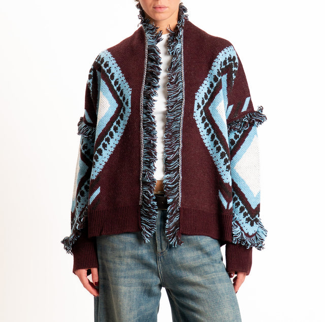 Tensione in-Cardigan rombi misto alpaca con frange - bordeaux/azzurro/latte