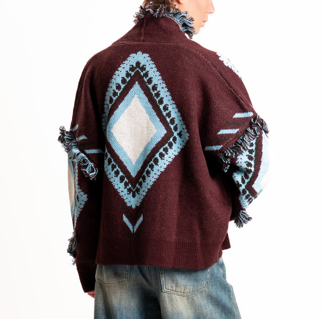 Tensione in-Cardigan rombi misto alpaca con frange - bordeaux/azzurro/latte