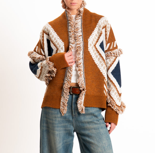 Tensione in-Cardigan rombi misto alpaca con frange - coccio/blu/burro