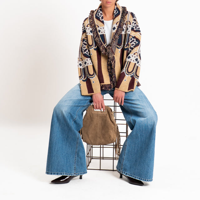 Tensione in-Cardigan jacquard misto alpaca con frange - moro/camel/blu