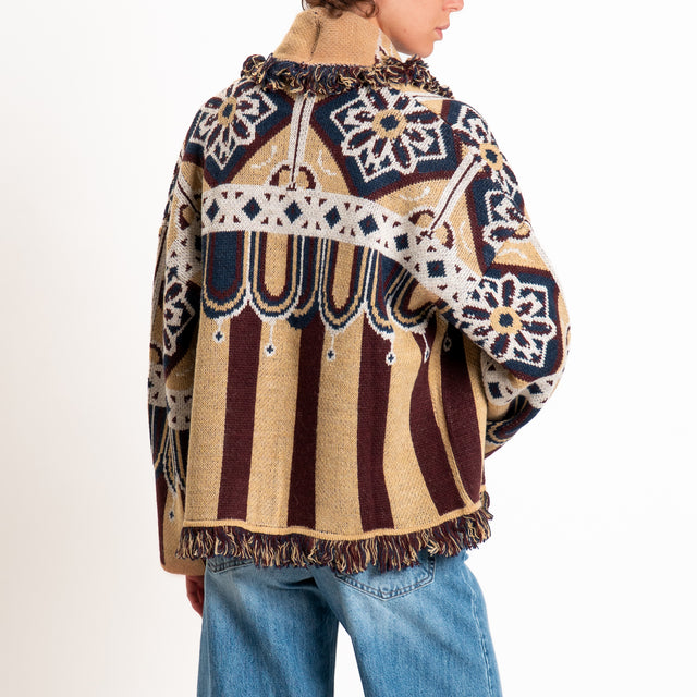 Tensione in-Cardigan jacquard misto alpaca con frange - moro/camel/blu