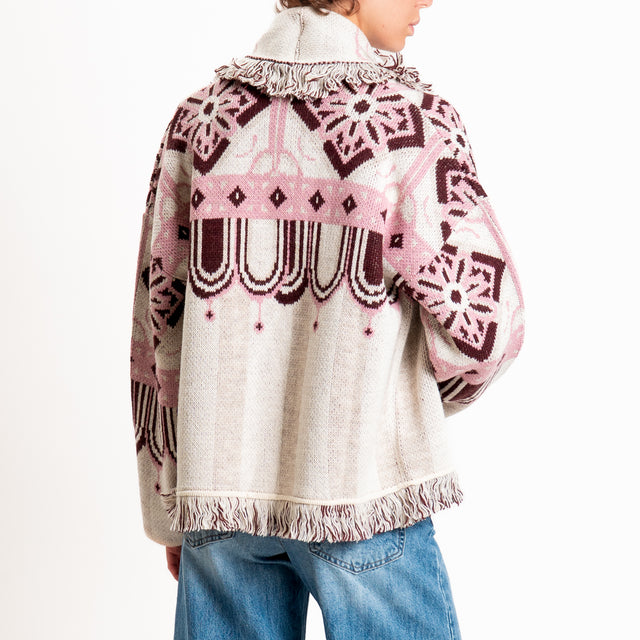Tensione in-Cardigan jacquard misto alpaca con frange - Bordeaux/panna/rosa