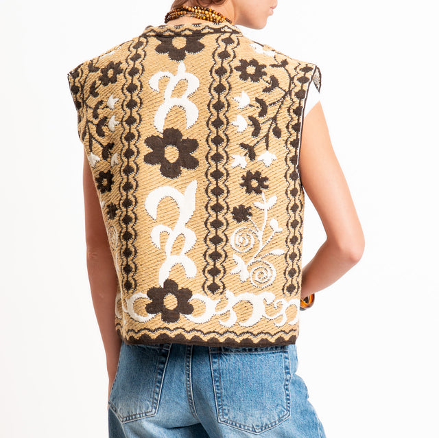 Tensione in-Gilet misto alpaca fantasia floreale - cammello/beige/moro