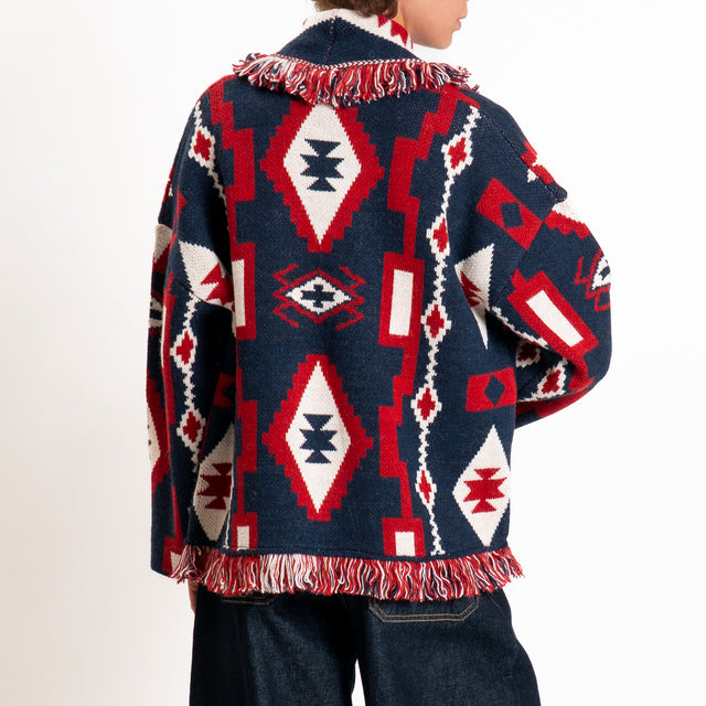 Tensione in-Cardigan fantasia etnico misto alpaca - blu/rosso/panna