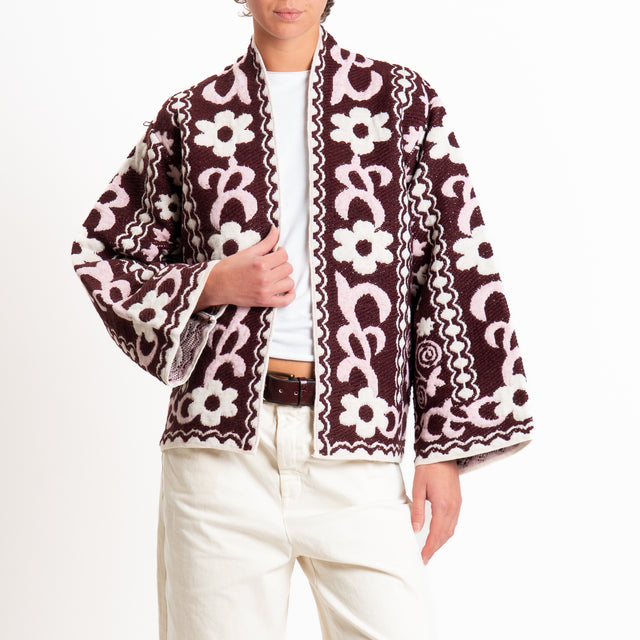 Tensione in-Cardigan misto alpaca fantasia floreal - bordeaux/rosa/panna