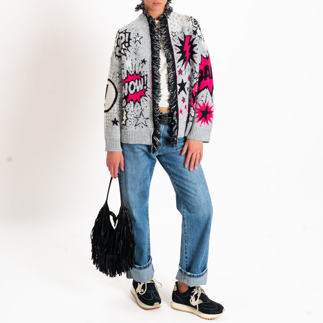 Tensione in-Cardigan fantasia pop art misto alpaca - grigio/nero/fucsia