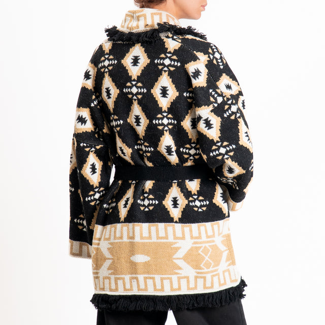 Tensione in-Cardigan misto alpaca fantasia geometrica - nero/camel/panna
