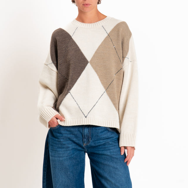 Tensione in-Maglia rombi misto alpaca - panna/fango/mastice
