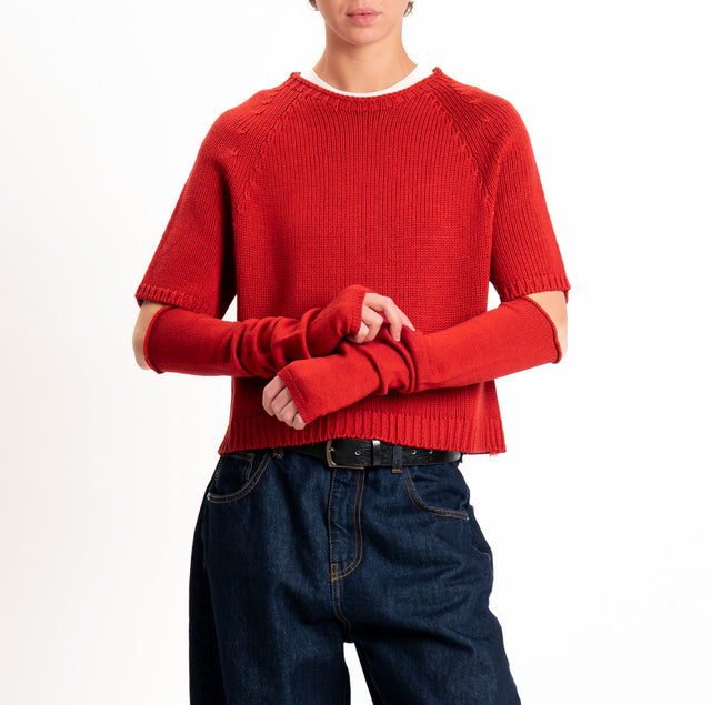 Tensione in-Maglia 100%LANA crop con manicotti - rosso