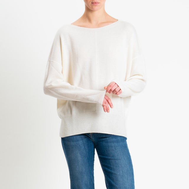 Tensione in-Maglia 100% LANA riga centrale spacchi laterali - panna