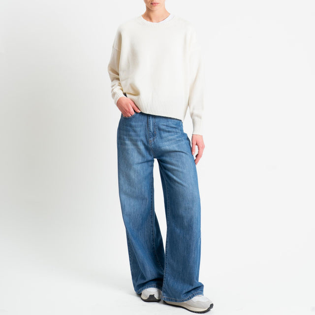 Tensione in-Maglia girocollo bordi a coste 100% LANA - panna