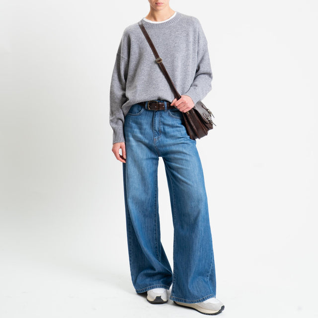 Tensione in-Maglia girocollo bordi a coste 100% LANA - grigio