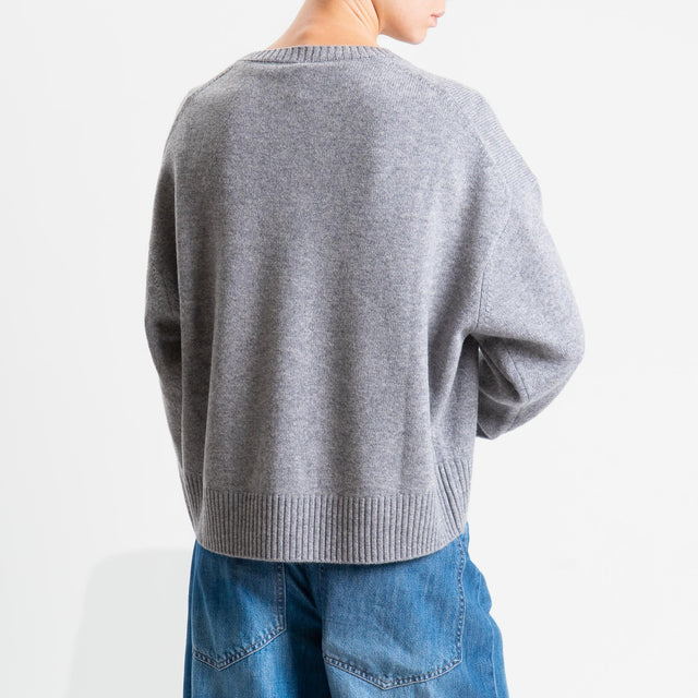 Tensione in-Maglia girocollo bordi a coste 100% LANA - grigio