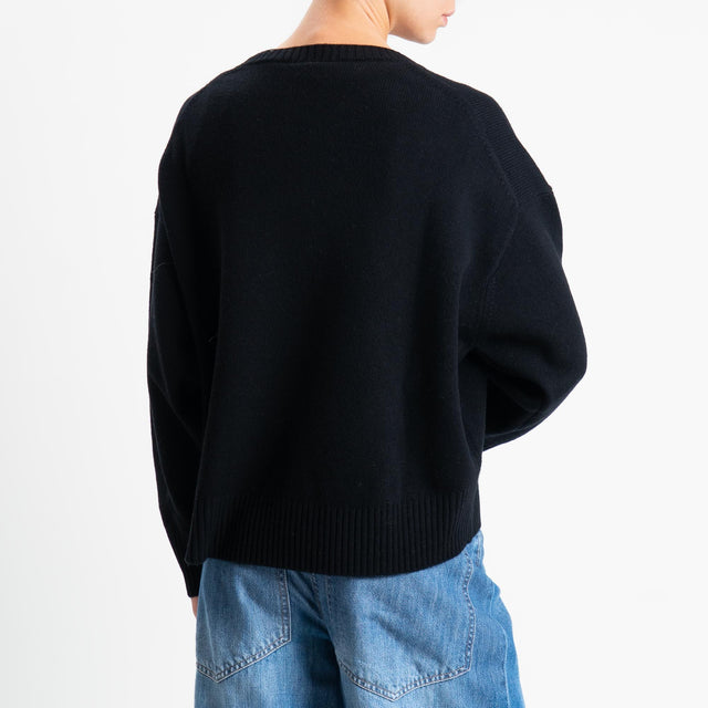 Tensione in-Maglia girocollo bordi a coste 100% LANA - nero