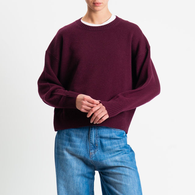 Tensione in-Maglia girocollo bordi a coste 100% LANA - vino