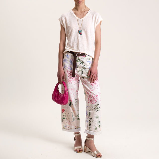 Tensione in-Pantalone fantasia floreale con cintura - latte/rosa/verde