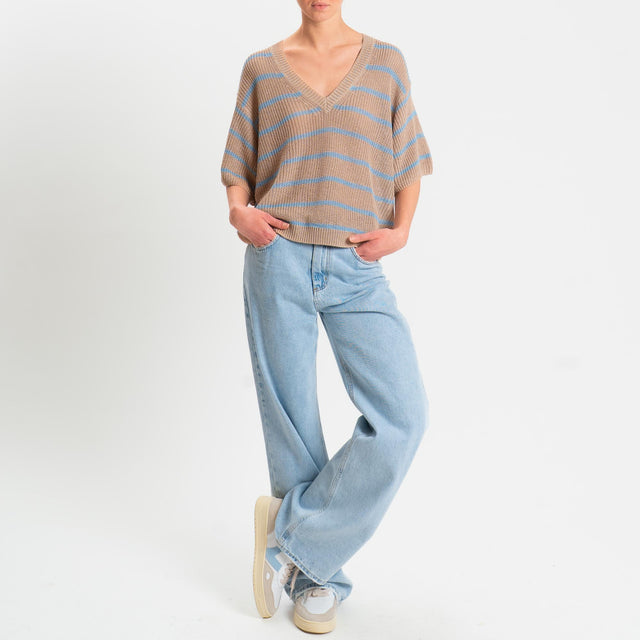 Tensione in-Maglia a righe mezza manica scollo a v coste inglesi - beige/azzurro