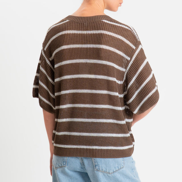 Tensione in-Maglia a righe mezza manica scollo a v coste inglesi- cioccolato/panna