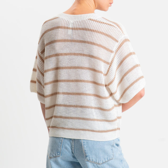 Tensione in-Maglia a righe mezza manica scollo a v coste inglesi - panna/beige