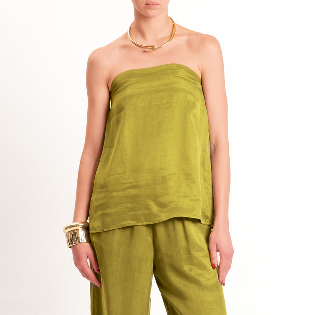 Tensione in-Completo top + pantalone tessuto cupro - oliva