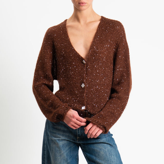 Vicolo-Cardigan mohair micro paillettes bottoni gioiello - tabacco