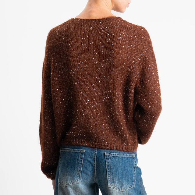 Vicolo-Cardigan mohair micro paillettes bottoni gioiello - tabacco