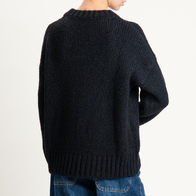 Vicolo-Maglia girocollo bordi a coste misto lana - nero