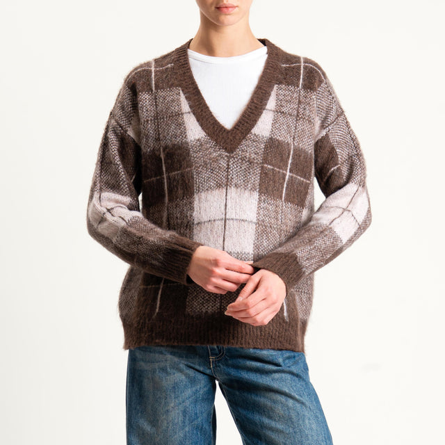 Vicolo-Maglia a v fantasia misto lana - moro/rosa