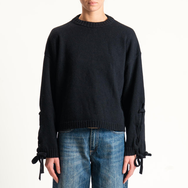 Vicolo-Maglia misto cashmere lacci sulla manica - Nero