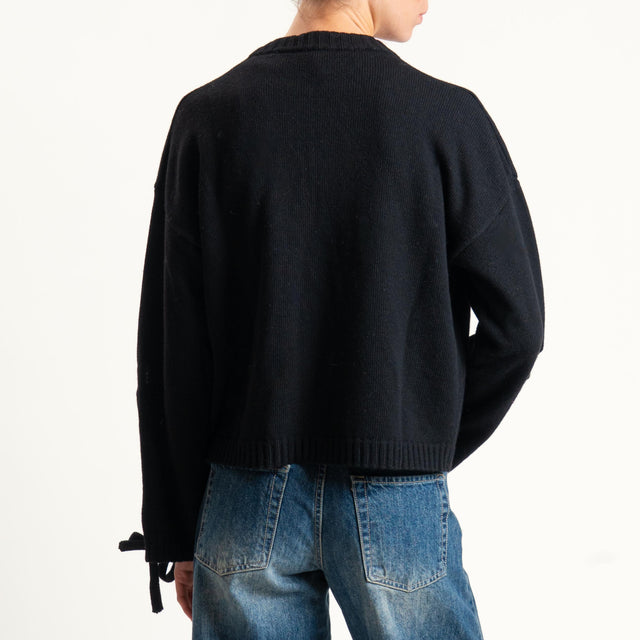Vicolo-Maglia misto cashmere lacci sulla manica - Nero