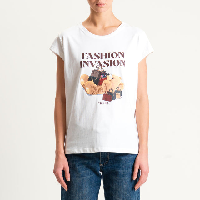 Vicolo-T-shirt stampa "FASHION INVASION" - Bianco