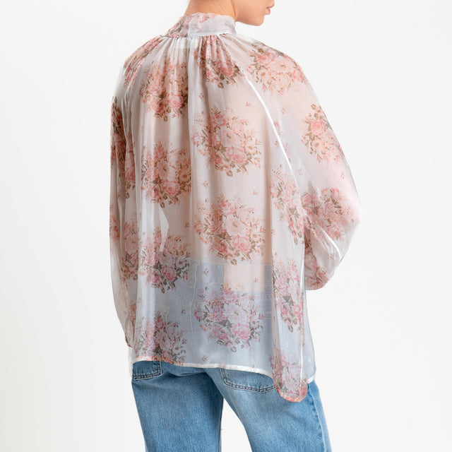 Vicolo-Camicia mussola misto seta fantasia floreale - latte/rosa