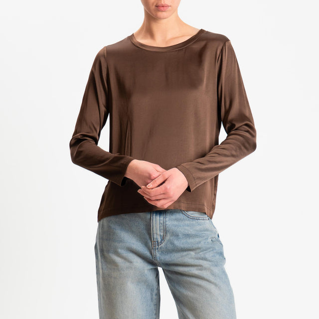 Vicolo-Blusa satin elasticizzato manica lunga - cacao